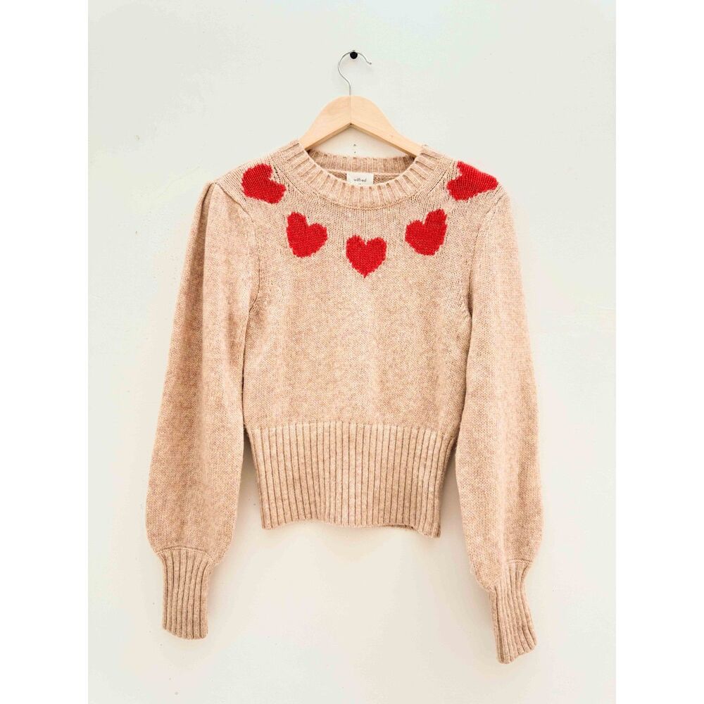 Wilfred XS Heart Sweater Beige Red Intarsia Puff Sleeve Aritzia Romantic